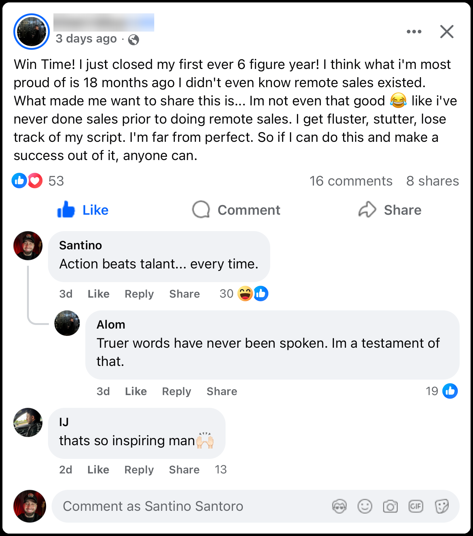 Facebook group post: a member closes his first six figure year 18 months after discovering remote sales with no prior sales experience