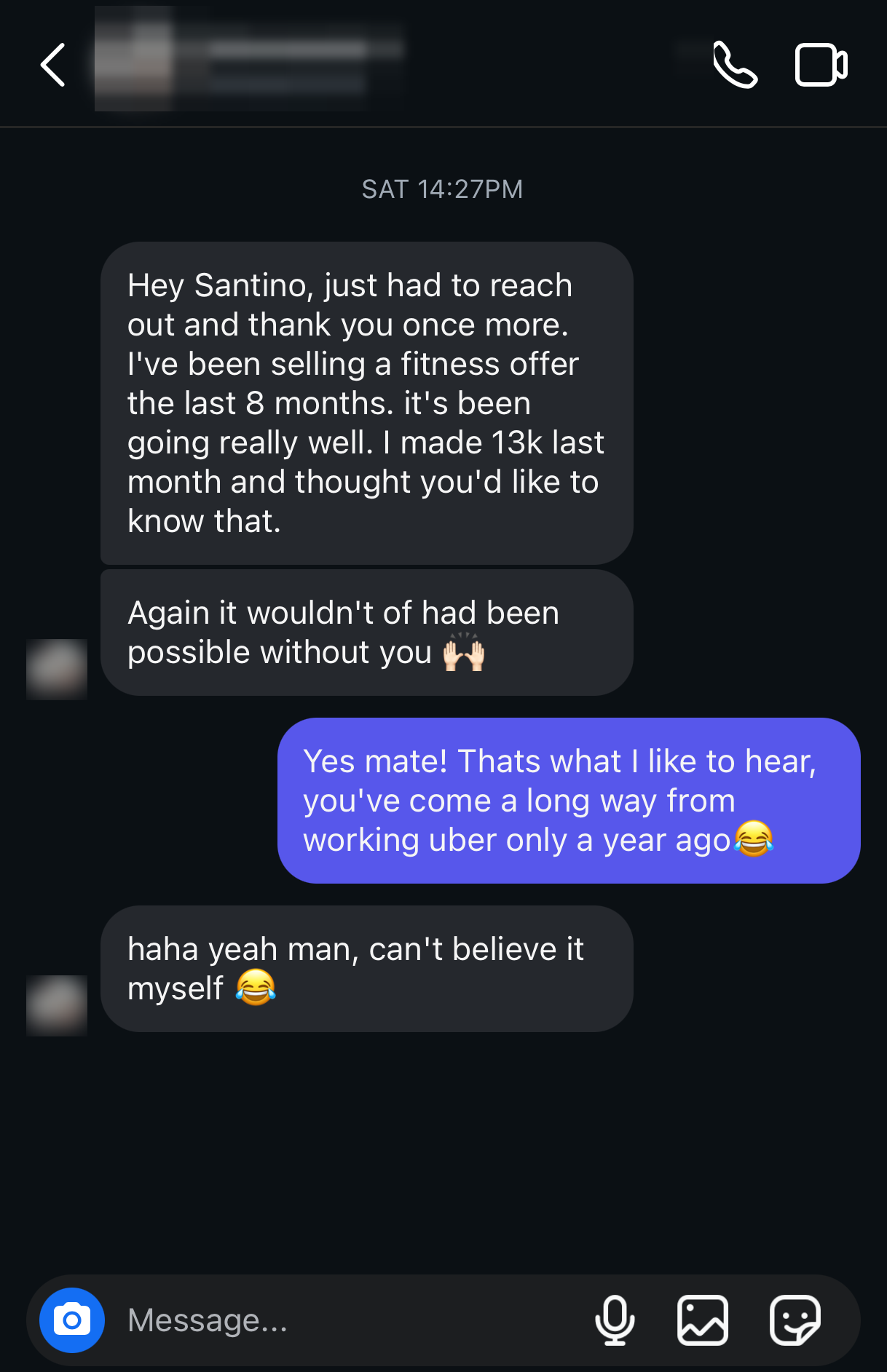 Instagram DM: member selling a fitness offer for eight months reports his best month yet after leaving Uber driving