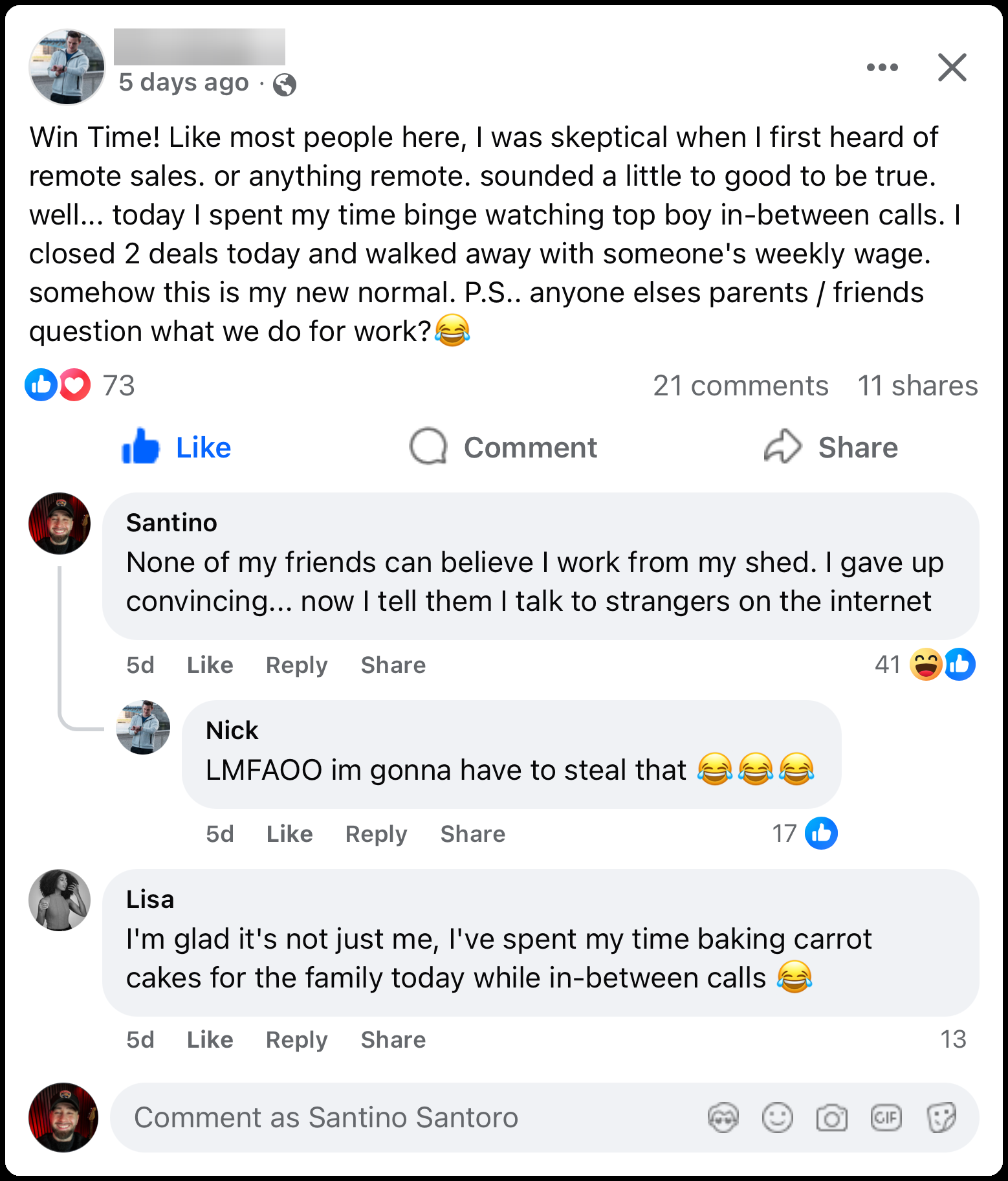 Facebook group post: a member closed two deals in a day between episodes and calls it his new normal