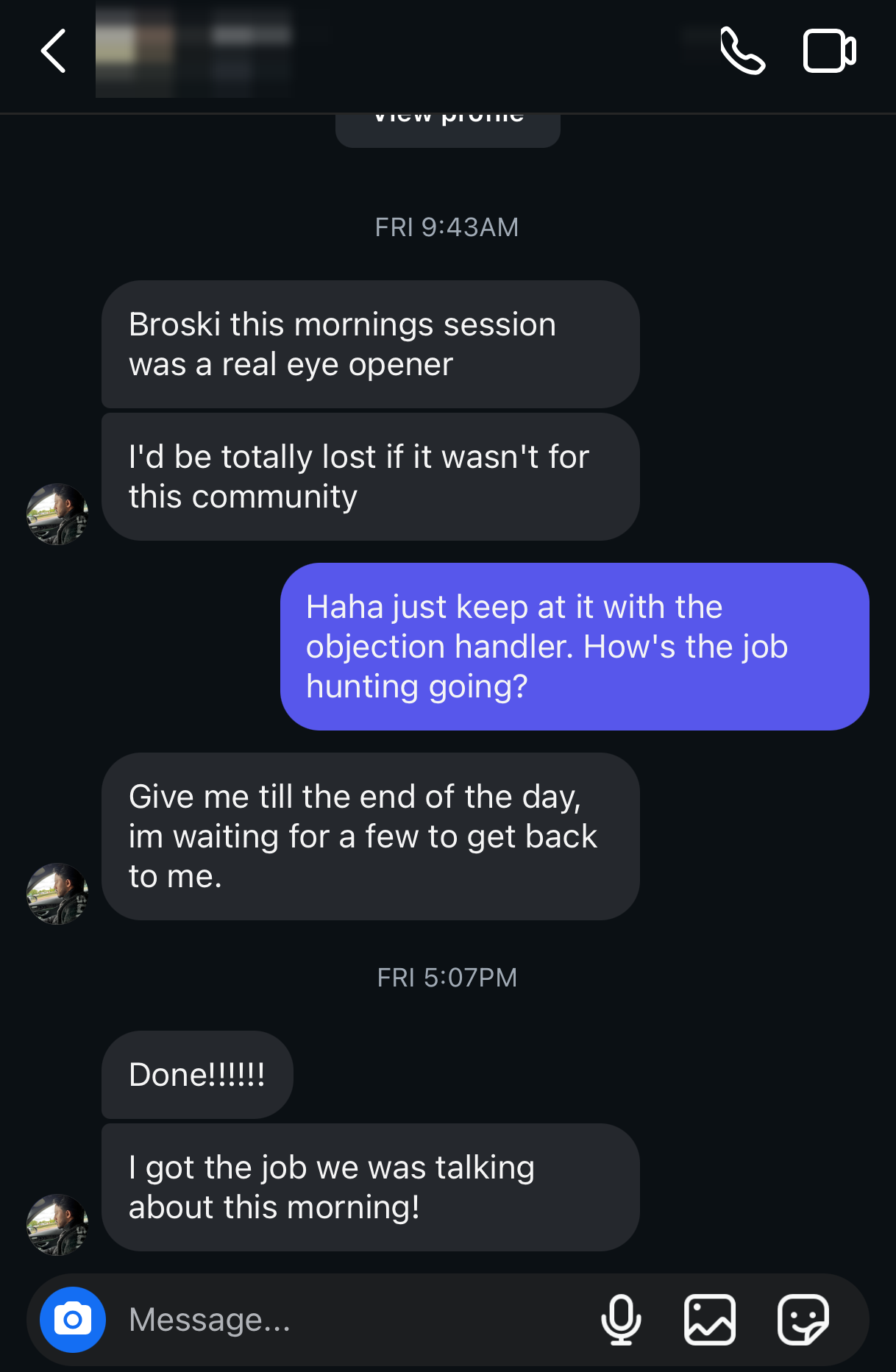 Instagram DM: member says the morning session was an eye opener, then confirms he got the job the same day