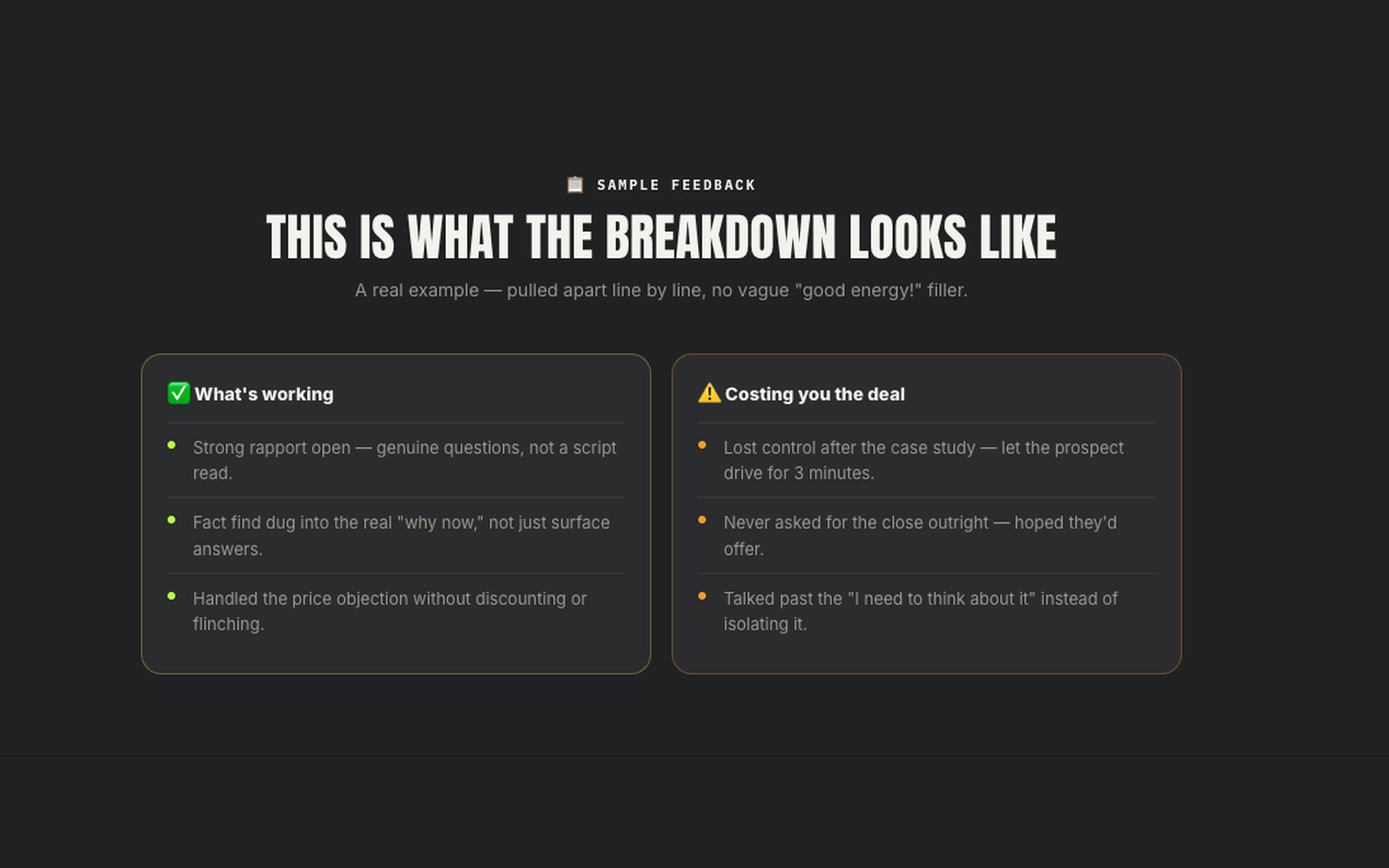 What's working vs what's costing you the deal — line by line.