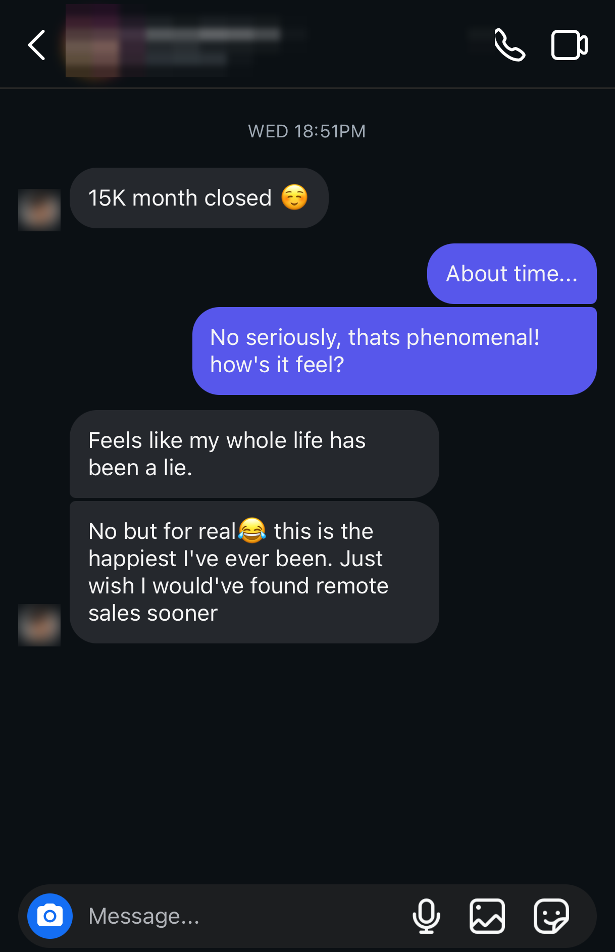 Instagram DM: member reports a 15K month and says he wishes he'd found remote sales sooner