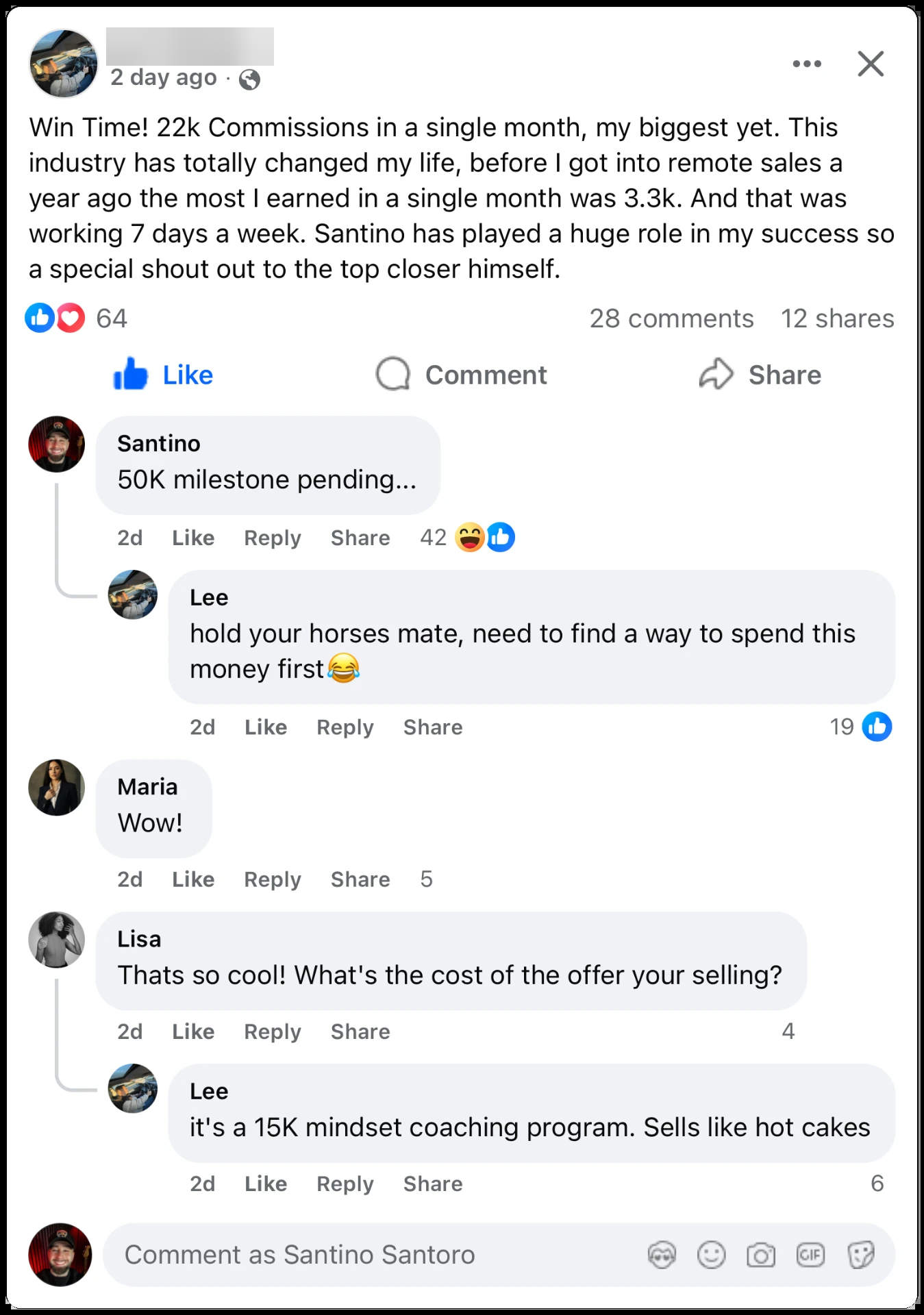 Facebook group post: a member records his biggest commission month a year after starting remote sales