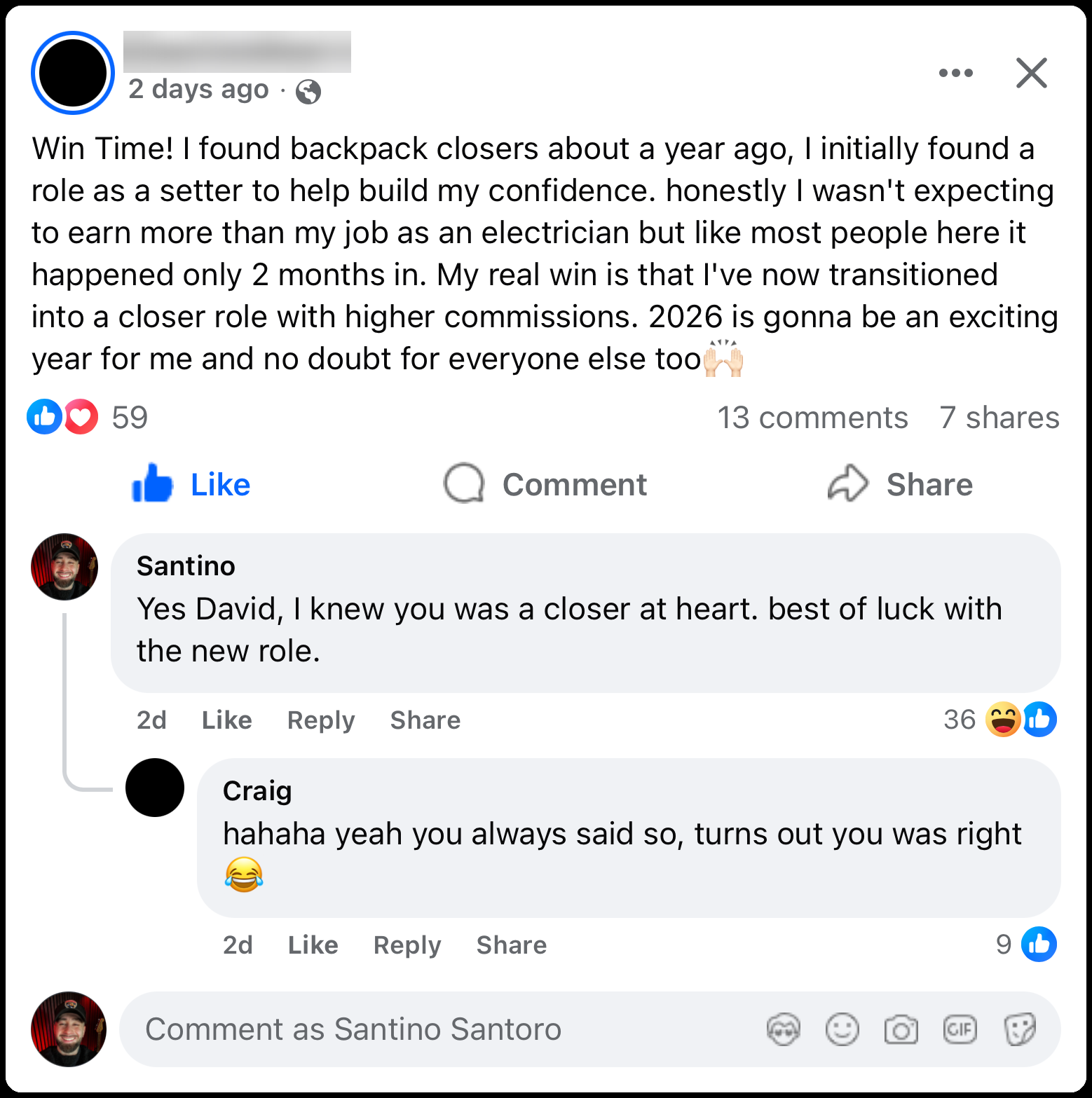 Facebook group post: a member started as a setter, out-earned his electrician job in two months and moved into a closer role