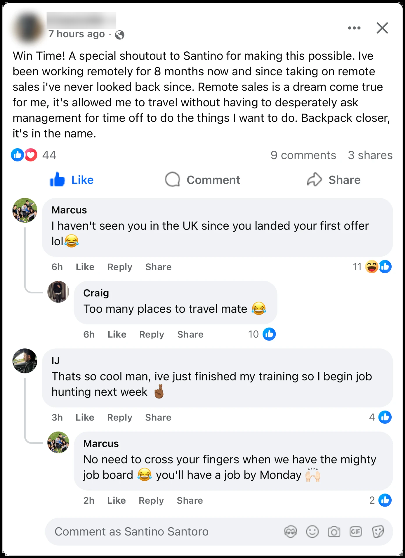 Facebook group post: a member has worked remotely for eight months and travels without asking management for time off