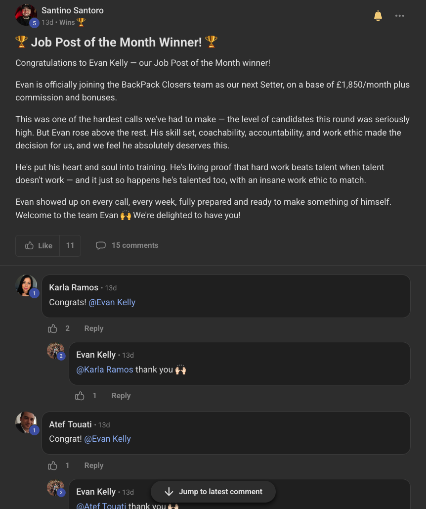 Skool post: Evan Kelly named Job Post of the Month winner and joins the BackPack Closers team as a setter on a base plus commission