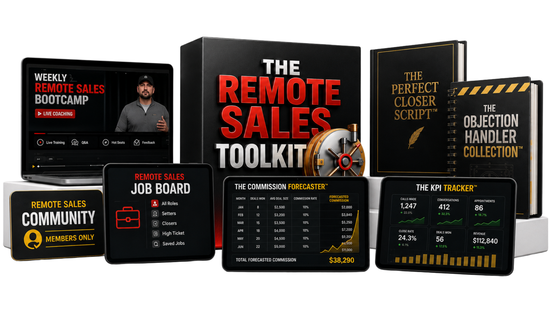 The Remote Sales Toolkit — scripts, job board, objection handlers, commission forecaster and KPI tracker
