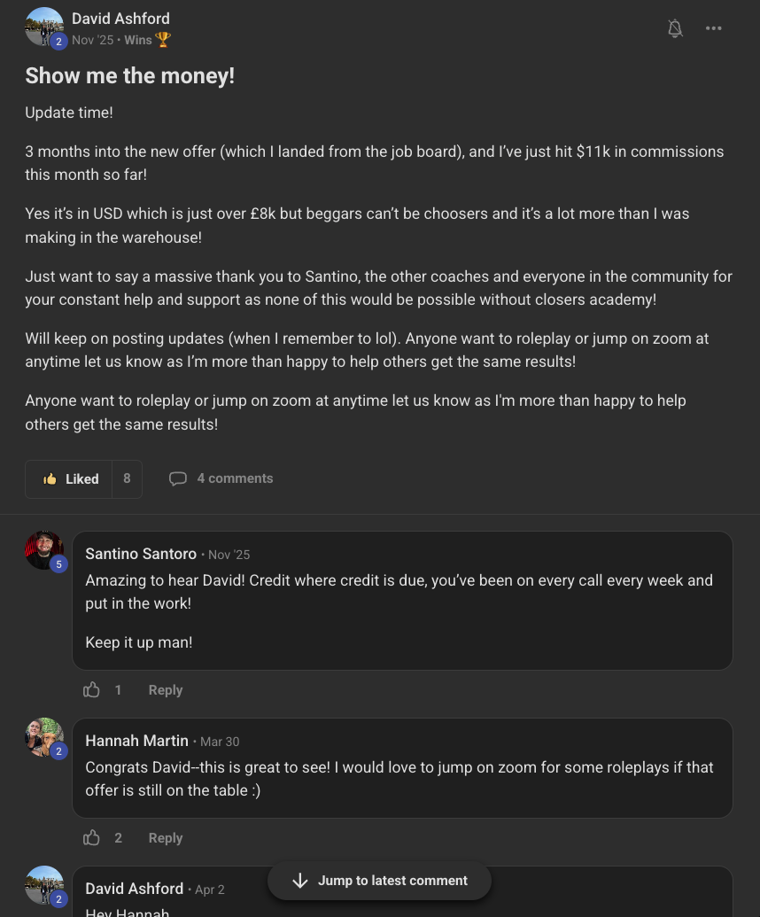 Skool post: David Ashford hits 11k in commissions three months into a new offer he landed from the job board