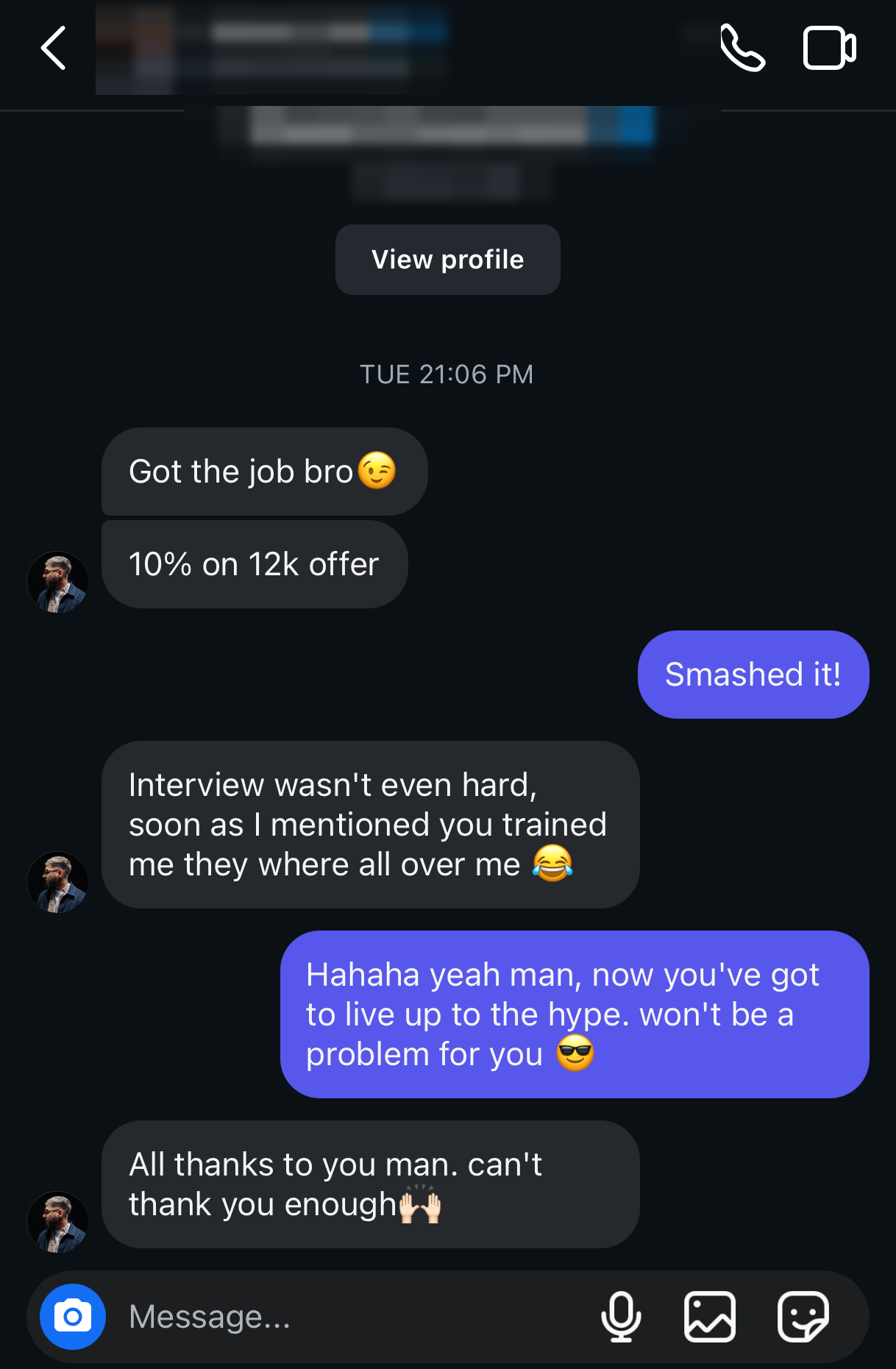 Instagram DM: member gets the job on a 12k offer and says the interview was easy once he mentioned his training