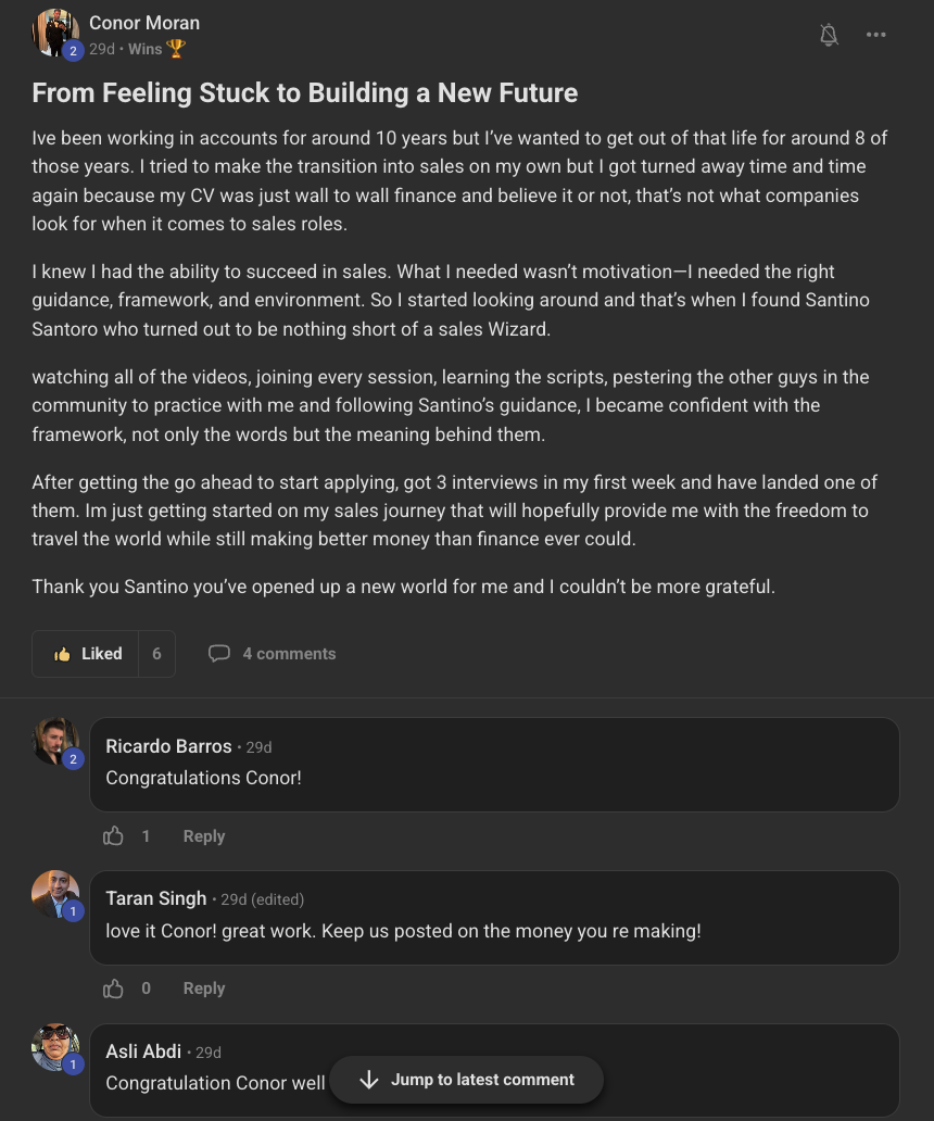 Skool post: Conor Moran spent 10 years in accounts, got turned away from sales roles, then landed one of three interviews in his first week of applying