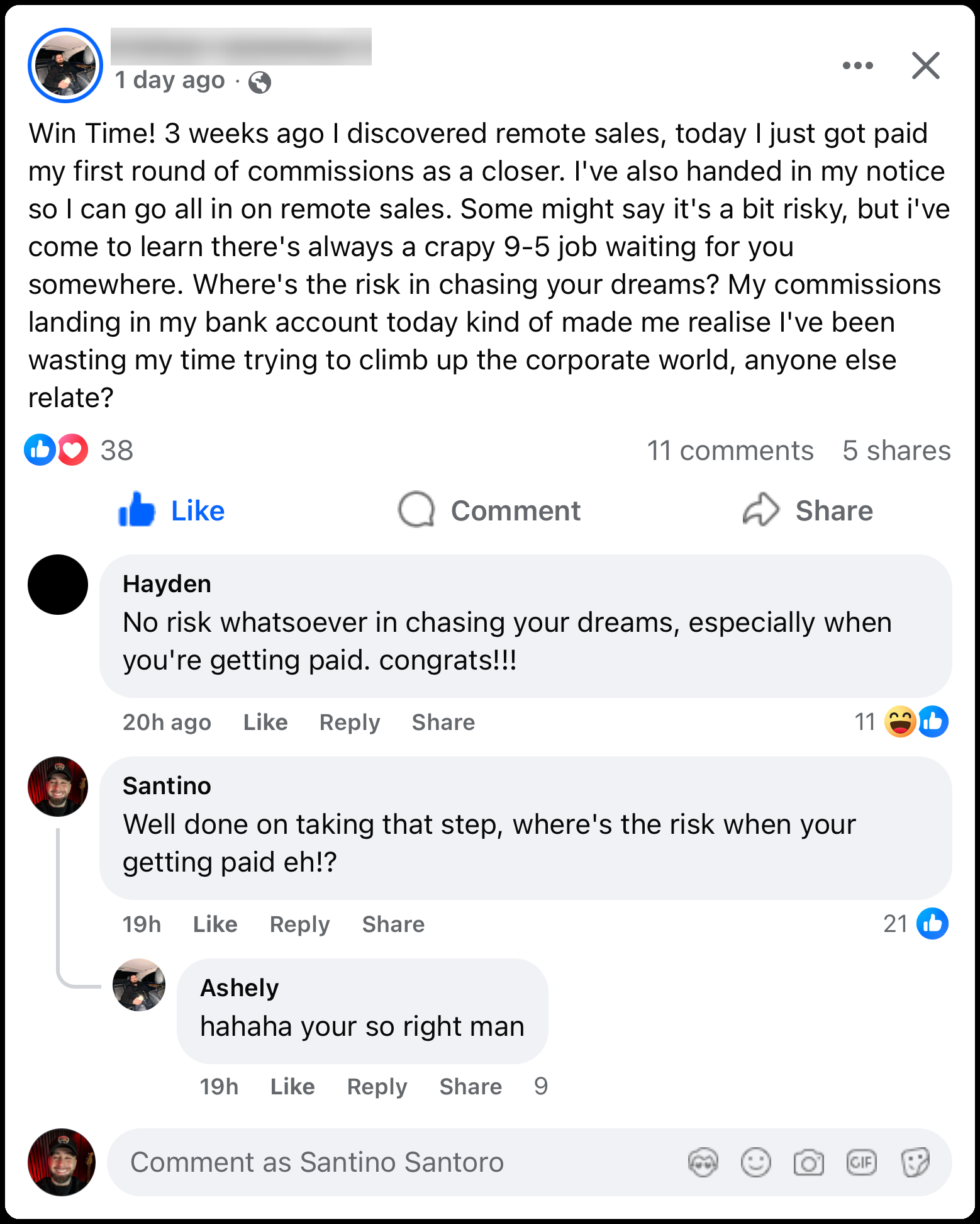 Facebook group post: a member gets paid first commissions three weeks in and hands in notice at the day job