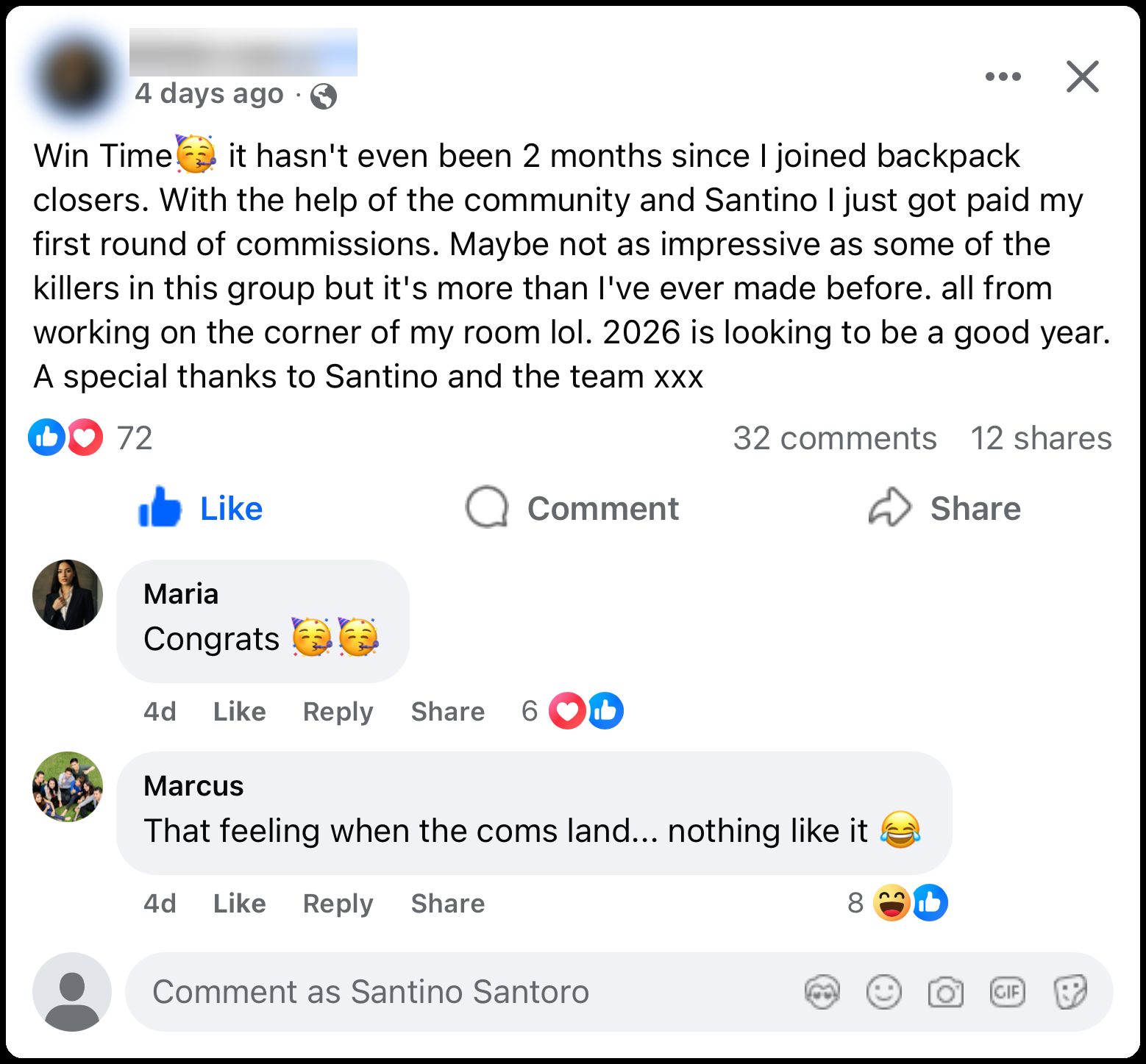 Facebook group post: a member gets paid her first round of commissions less than two months after joining