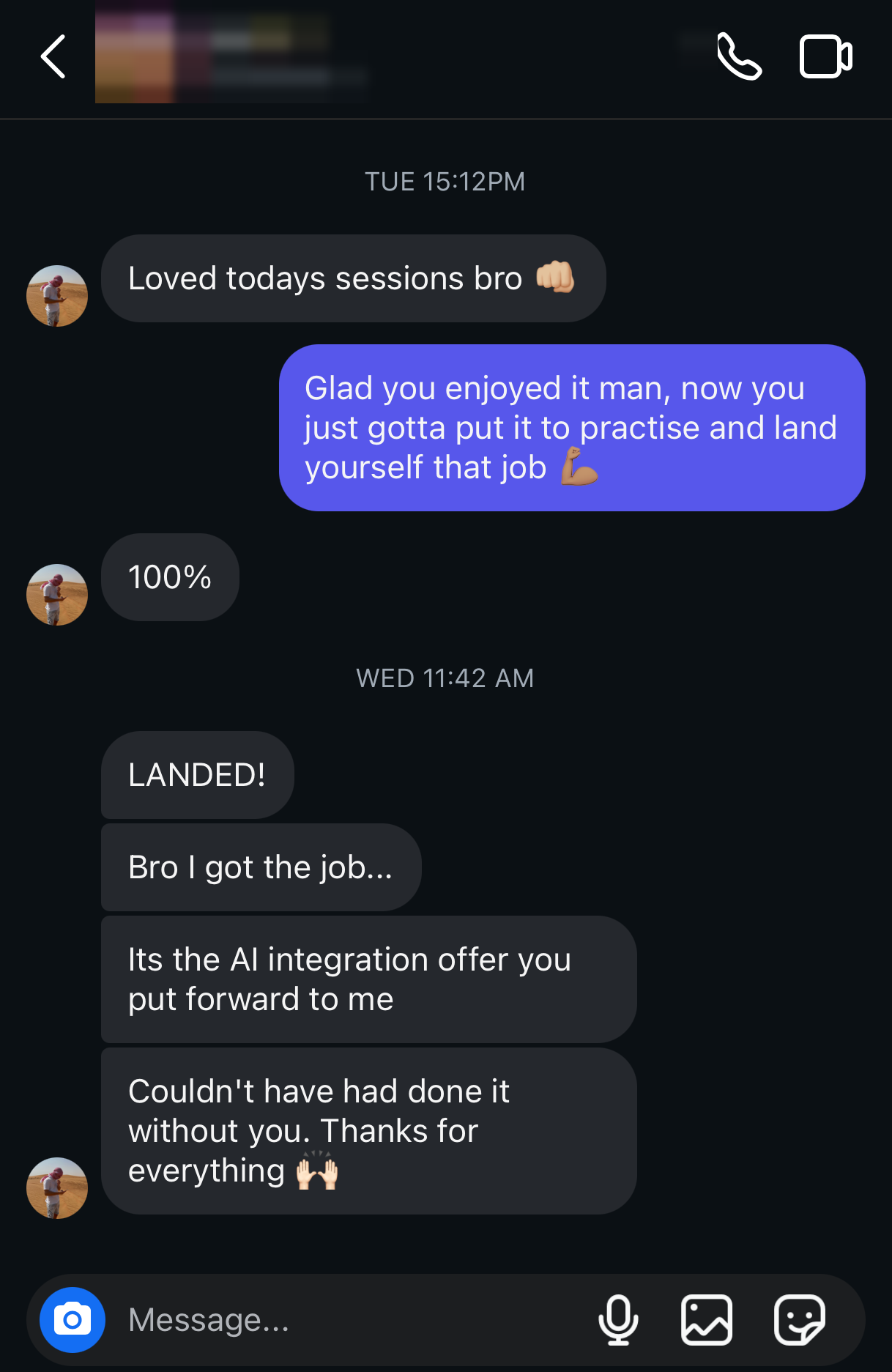 Instagram DM: member messages 'LANDED! Bro I got the job' after taking the AI integration offer put forward to him